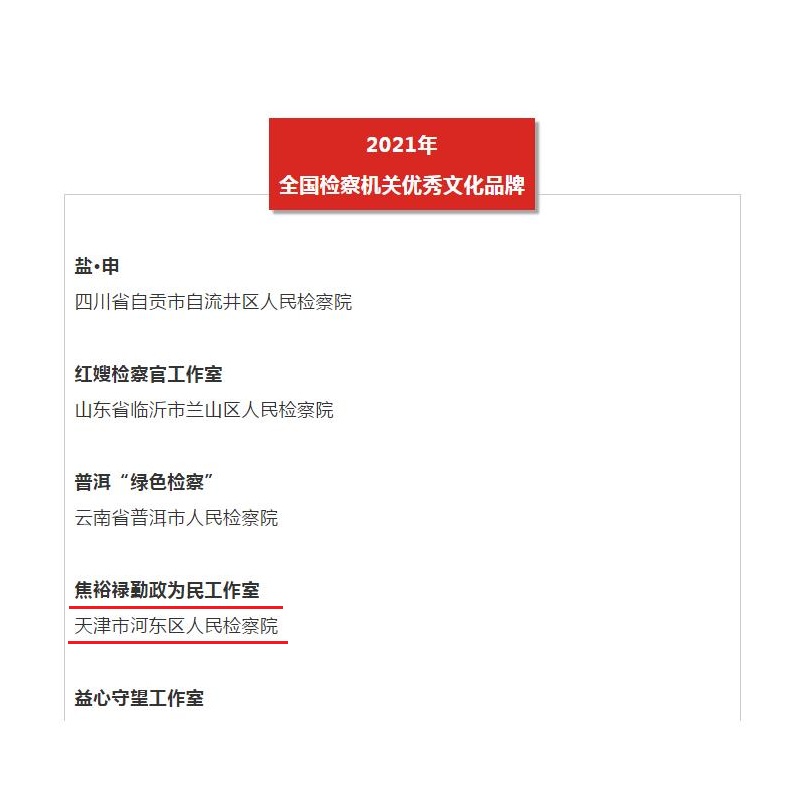 我院“焦裕禄勤政为民工作室”被评为2021年全国检察机关优秀文化品牌